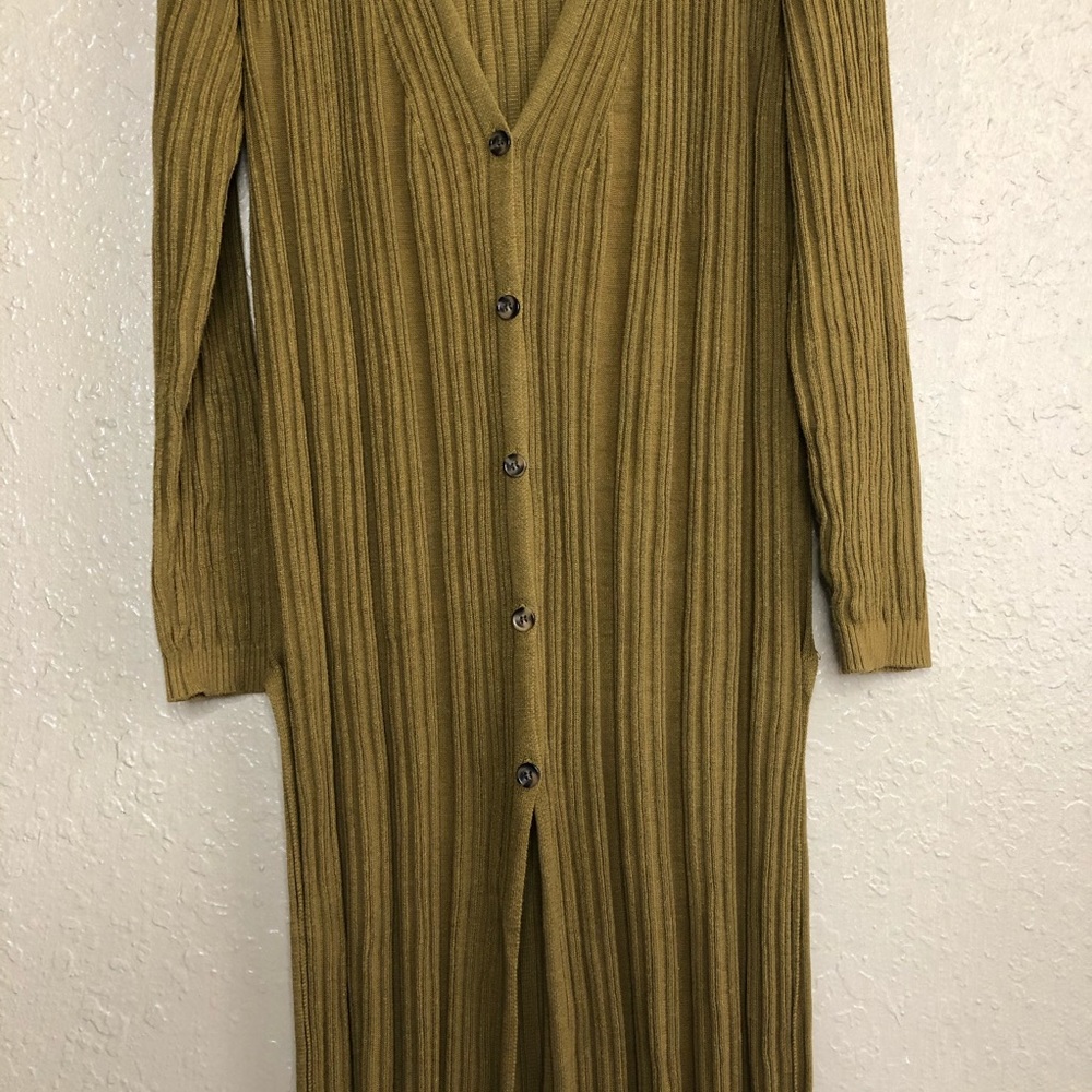 Long Ribbed Button-Front Women’s Sweater Dress - Olive - Picture 4 of 5